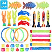 34 Piezas Juguete de Buceo para Niños Piscina Natación Subacuática Juegos de Agua en Verano- 5 Palos de Buceo- 4 Anillos…